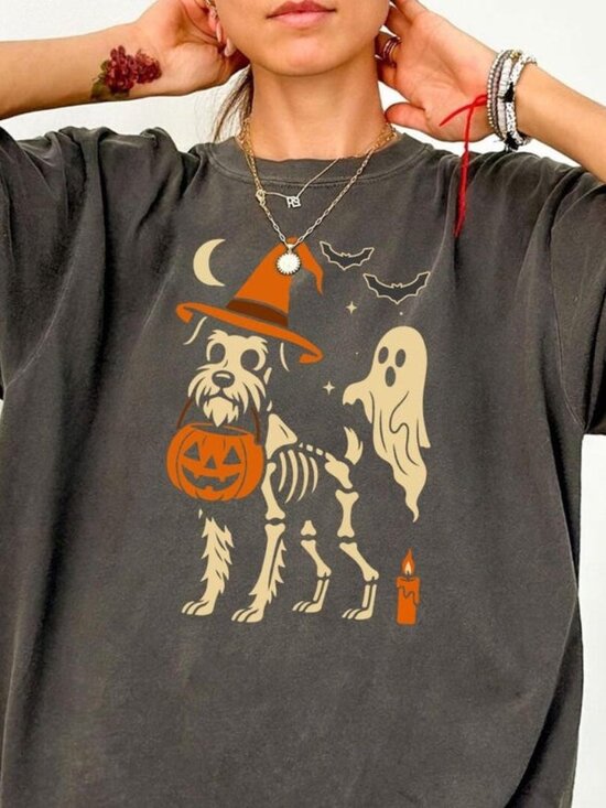 Tops - Halloween Schnauzer Skeleton Dog T-Shirt